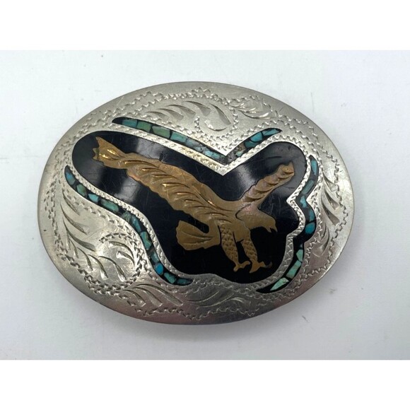 Trinity Buckle Co Soaring Eagle Western Belt Buckle Turquoise Inlay Silver Plate - Picture 7 of 9